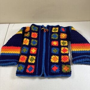 Granny Square Cardigan Sweater Blue Quilted Patchwork Boho Sz 4T-6T Vtg